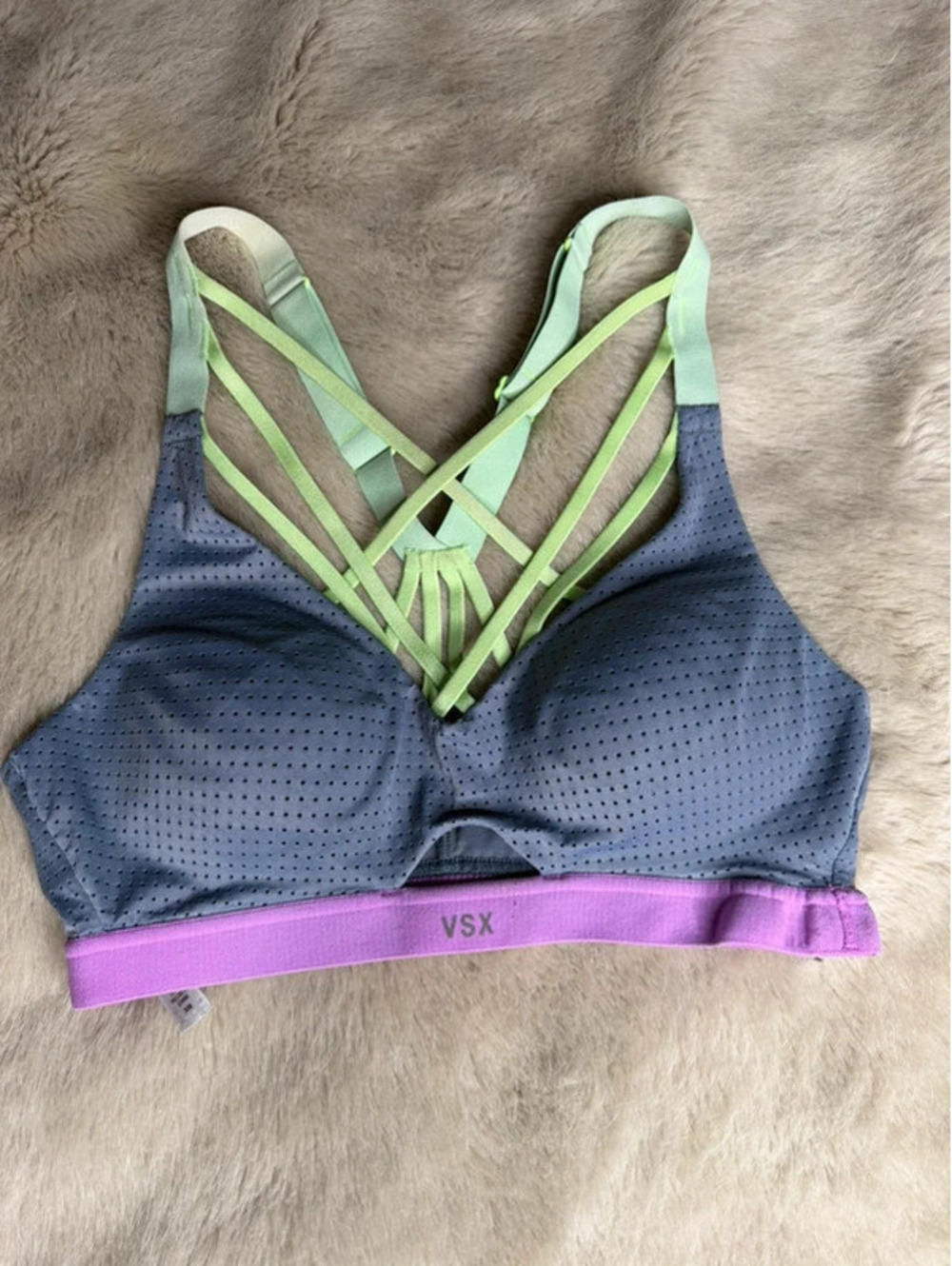 Victoria's Secret VSX Sport Bra 32B Gray Neon Green Strappy Back Wireless Padded